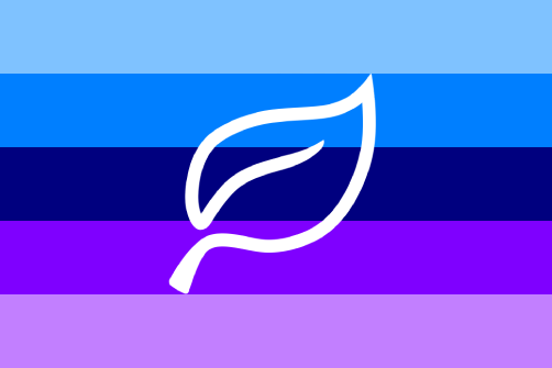 A flag with teal, dark teal, blue, dark purple, and purple stripes, with a white leaf in the middle.