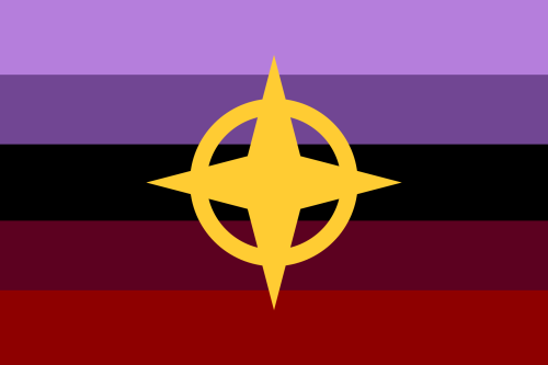 A flag with violet, dark violet, black, crimson, and red stripes, with a yellow star in the middle.