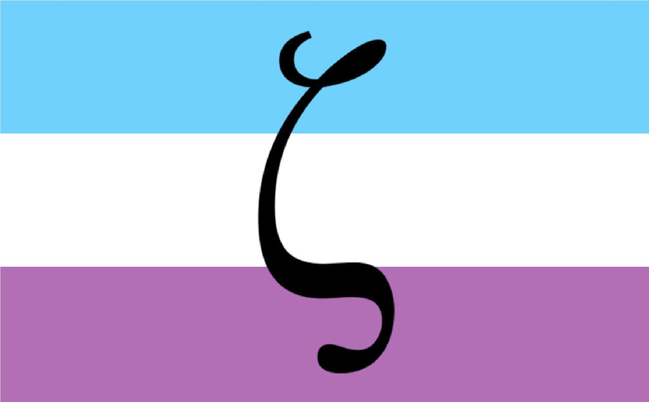 A flag with light blue, white, and purple stripes, with a black letter zeta.