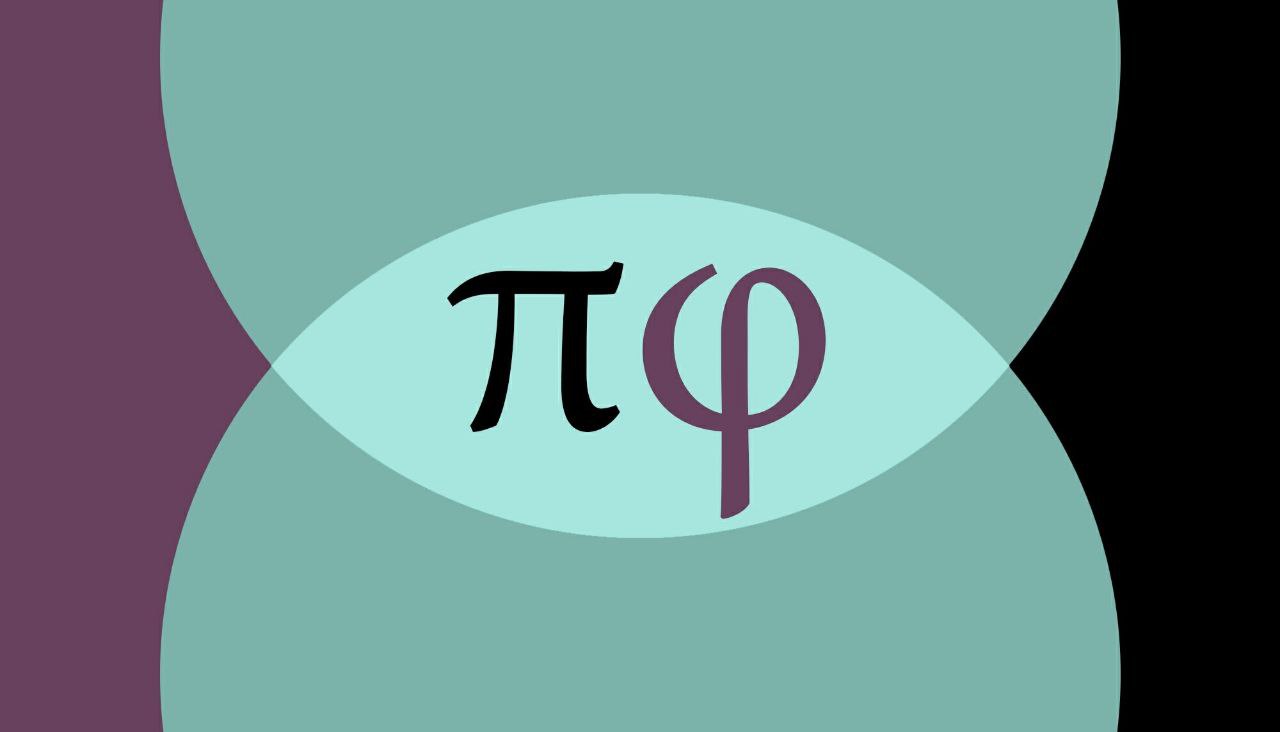 A flag with purple and black segments, cyan circles, and a light cyan intersection, with the letters pi and phi.