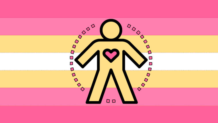 A flag with gradient pink stripe, yellow, white, yellow, and gradient pink stripes, with a person in the middle with a heart.