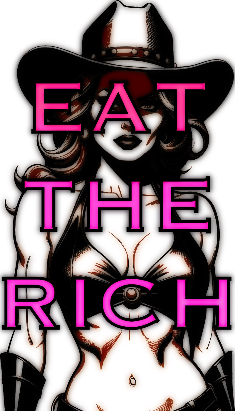 cowgirl in a bra and the bottom is cut off at about the waist with text that says "EAT THE RICH"