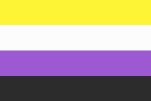 A flag with yellow, white, purple, and black stripes.