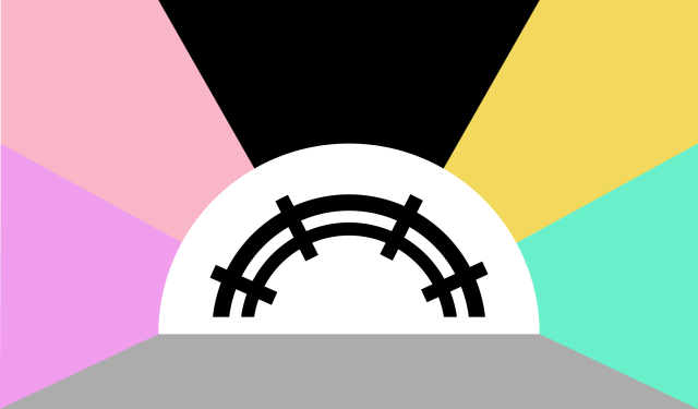 A flag with blue, pink, black, lime, grey, cyan, and grey segments, a white semicircle in the middle, and a black arc.