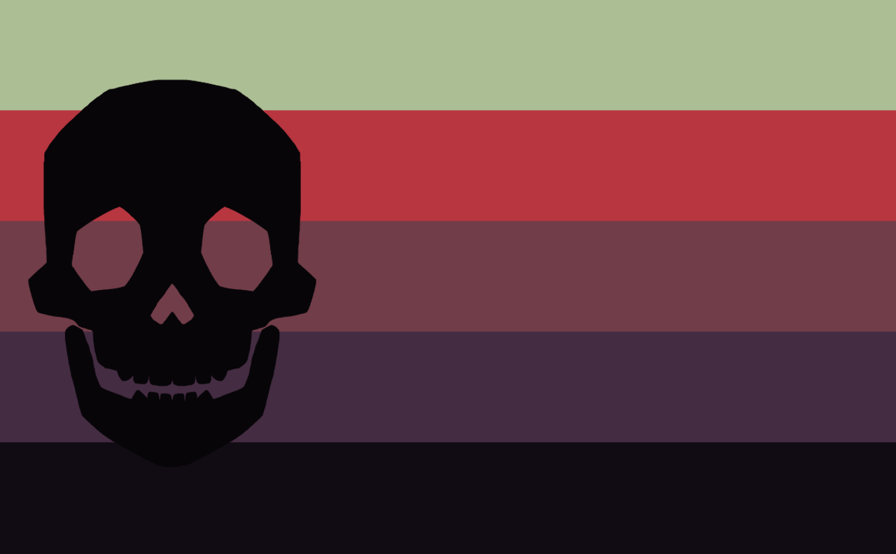 A flag with green, red, crimson, dark purple, and light black stripes, with a black skull.