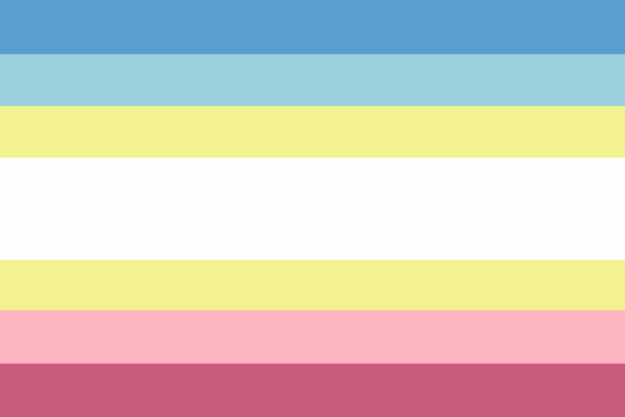 A flag with blue, light blue, yellow, white, light pink, and pink stripes.